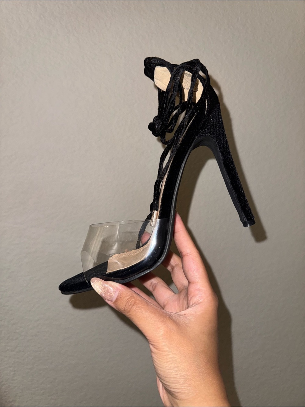 Fashion Nova Black Velvet Lace-Up Stiletto with Clear Toe Band